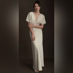 BHLDN Leila Deep-V Flutter-Sleeve Satin A-Line Gown in champagne size 4